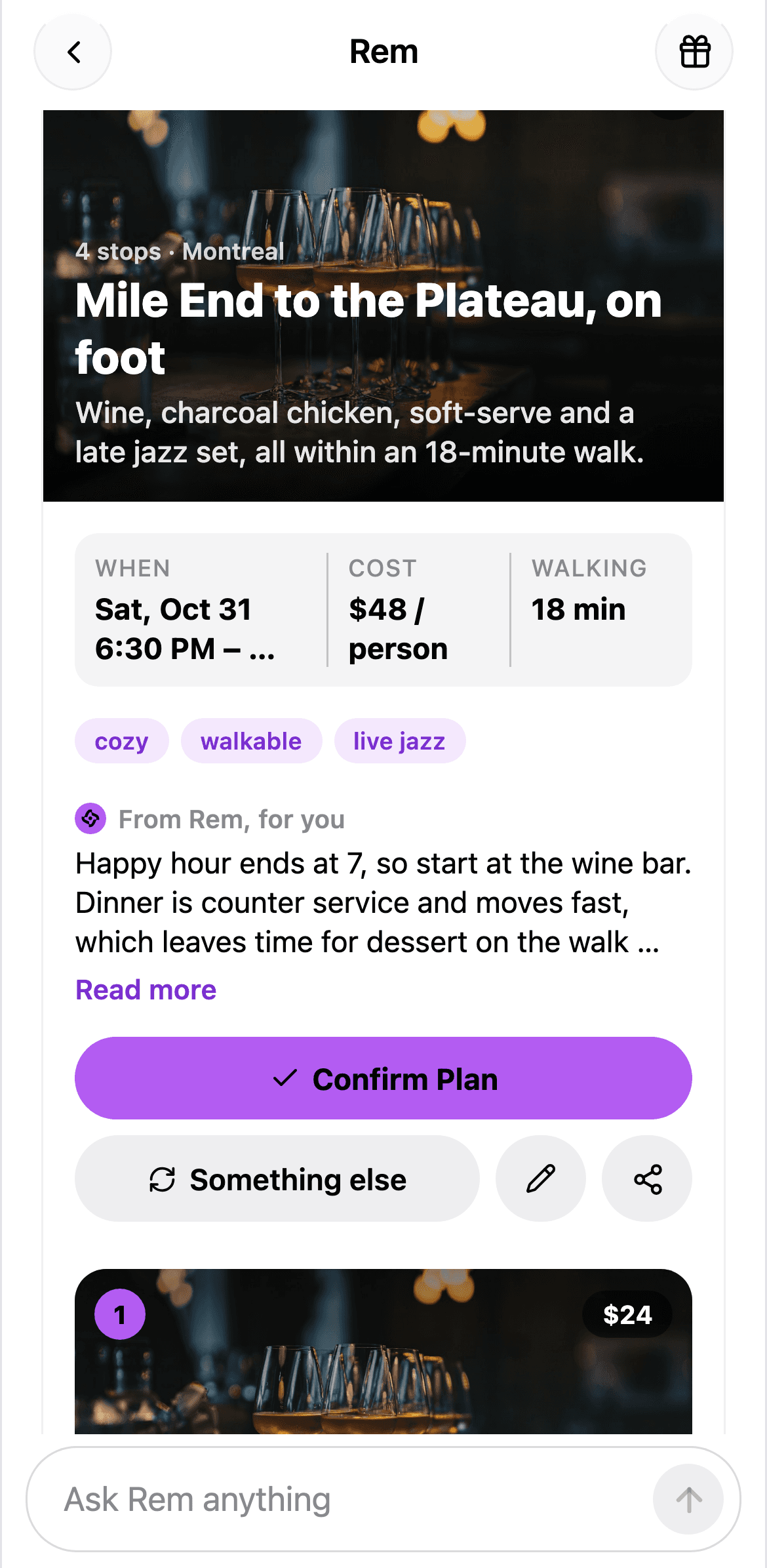 A plan from Rem in the AskRem app: a timeline of stops, each with a time, a price and a backup.
