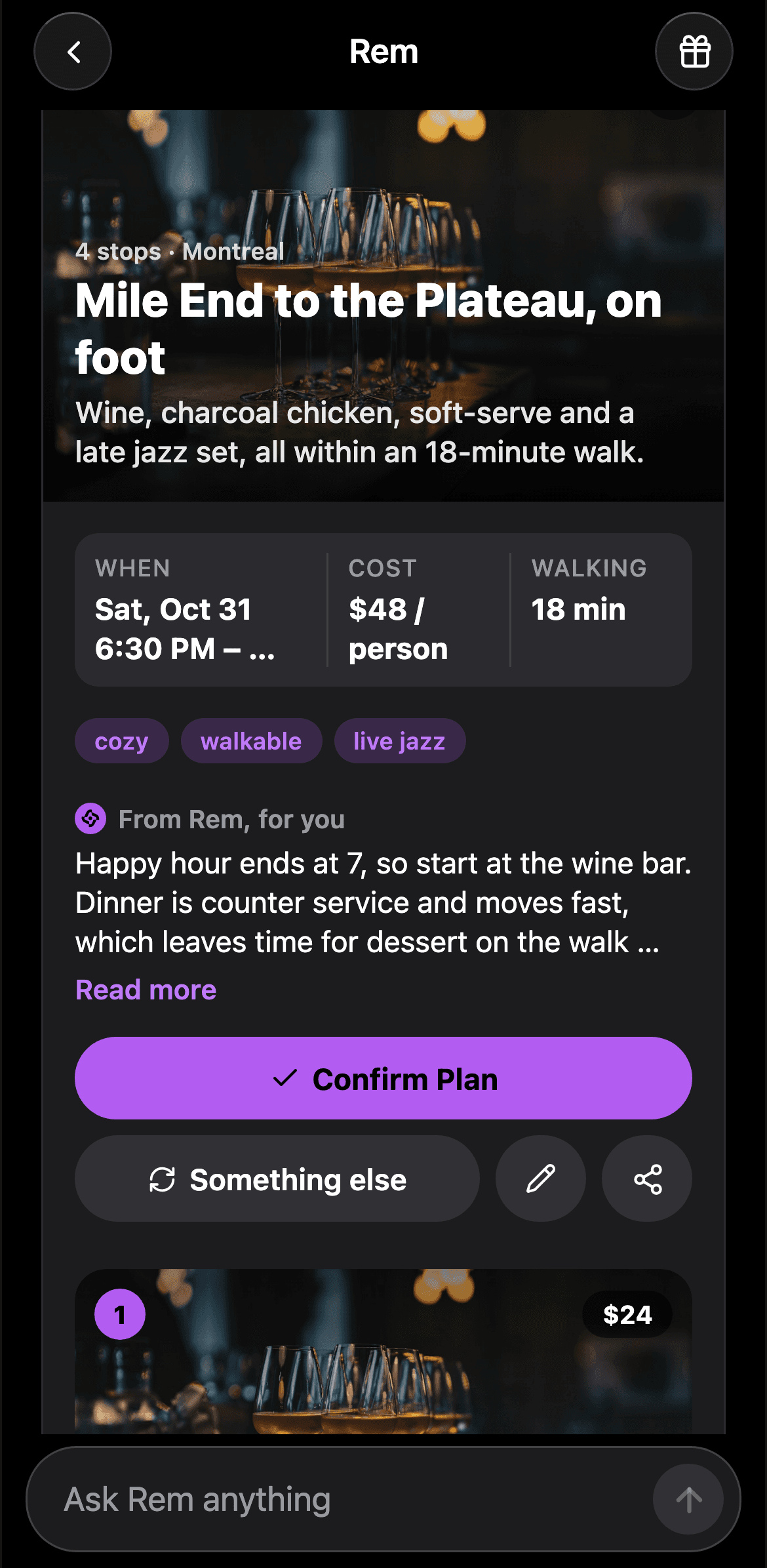 A plan from Rem in the AskRem app: a timeline of stops, each with a time, a price and a backup.