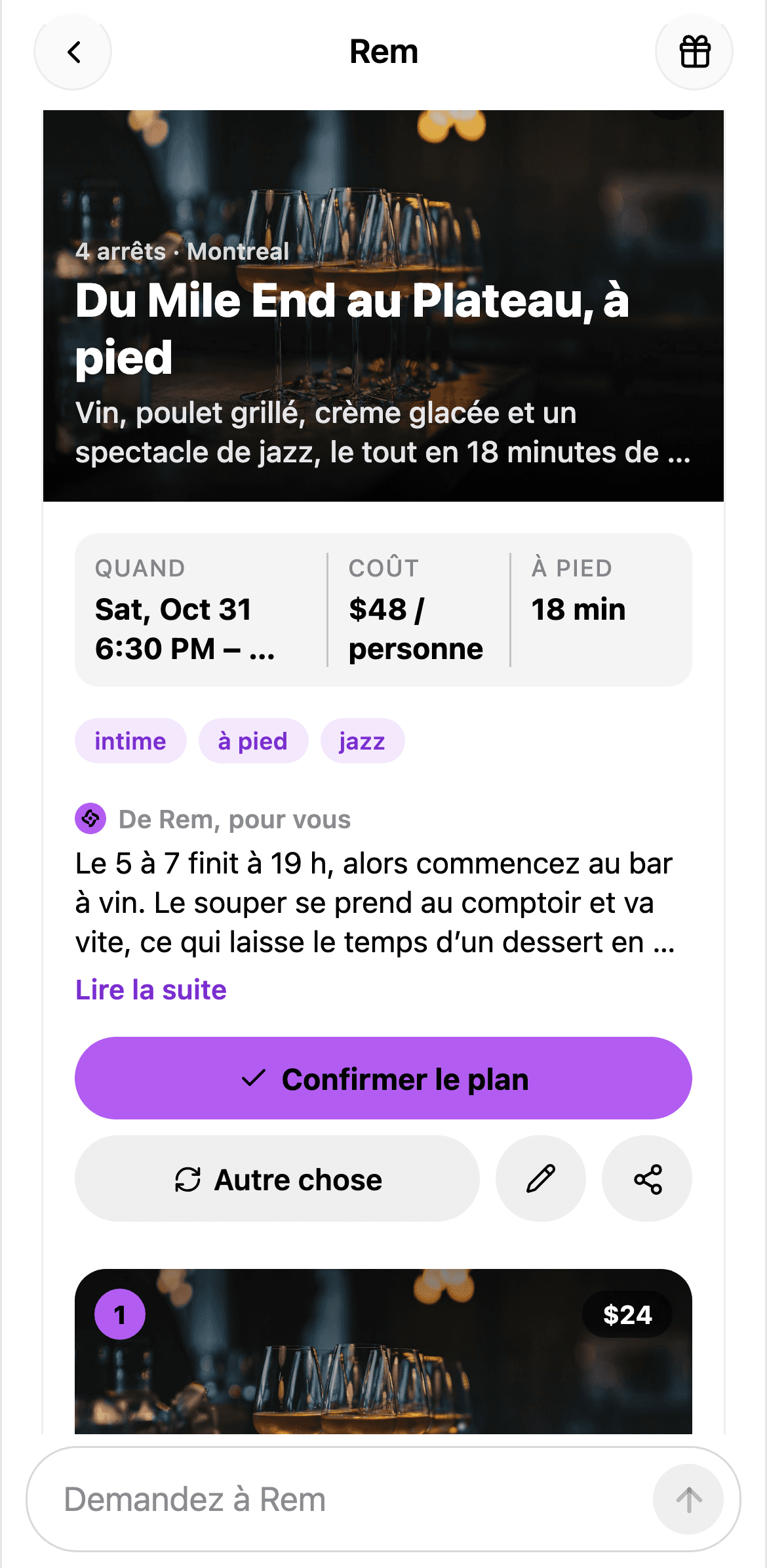 Un plan de Rem dans l’application AskRem : une ligne du temps d’arrêts, chacun avec une heure, un prix et un plan B.