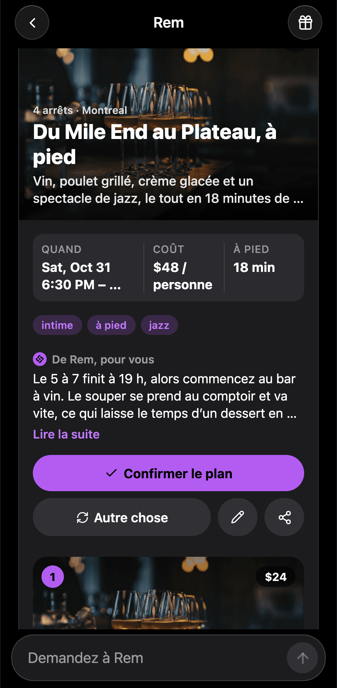 Un plan de Rem dans l’application AskRem : une ligne du temps d’arrêts, chacun avec une heure, un prix et un plan B.
